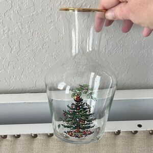 Spode VTG Christmas Tree Holiday Glass Gold Trim Carafe /Vase NWOT